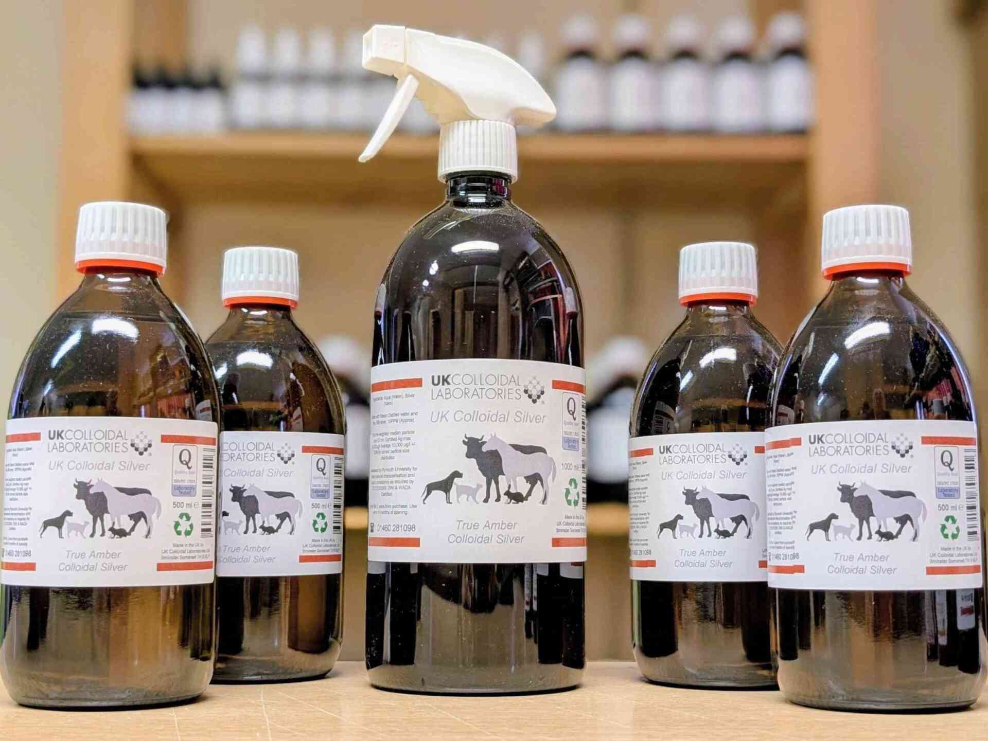 Plastic Amber Colloidal Silver 1000ml bottle with trigger spray.
